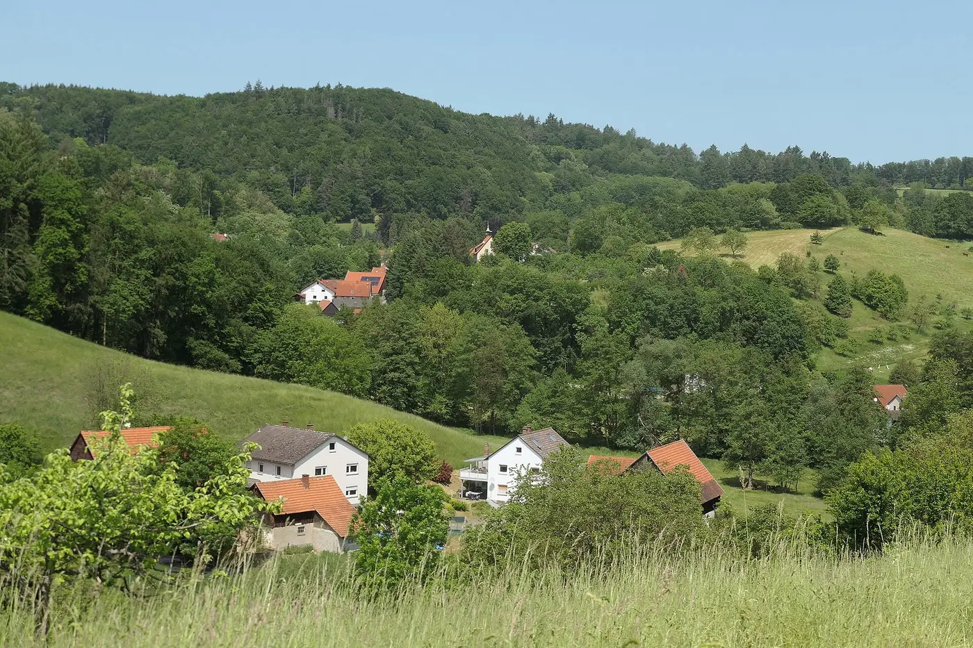 Blick von Süden auf Albersbach, Ortsteil von Rimbach (Odenwaldkreis, Hessen) im Geo-Naturpark …
