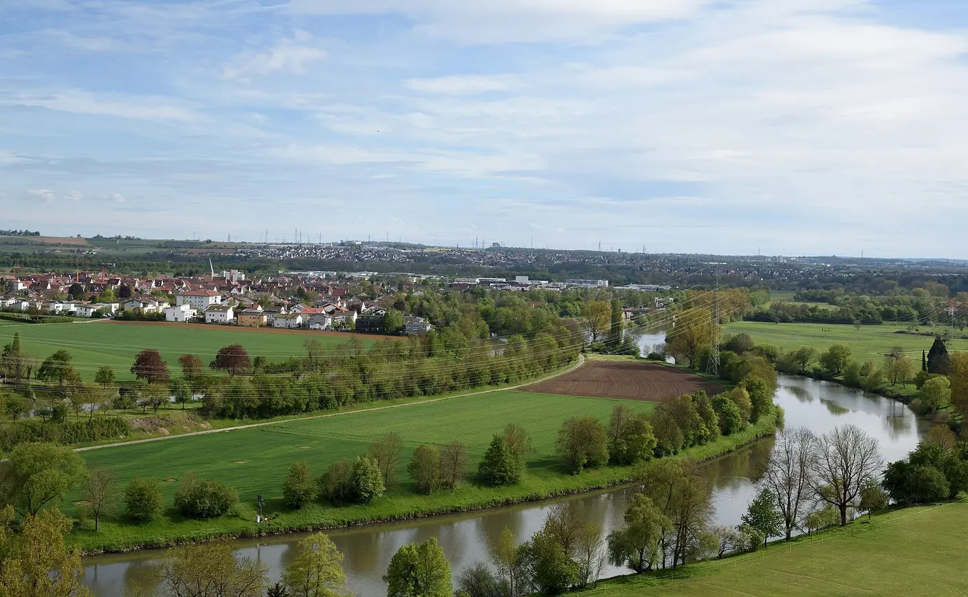 Blick von den Kleiningersheimer Weinbergen über den Neckar und Pleidelsheim