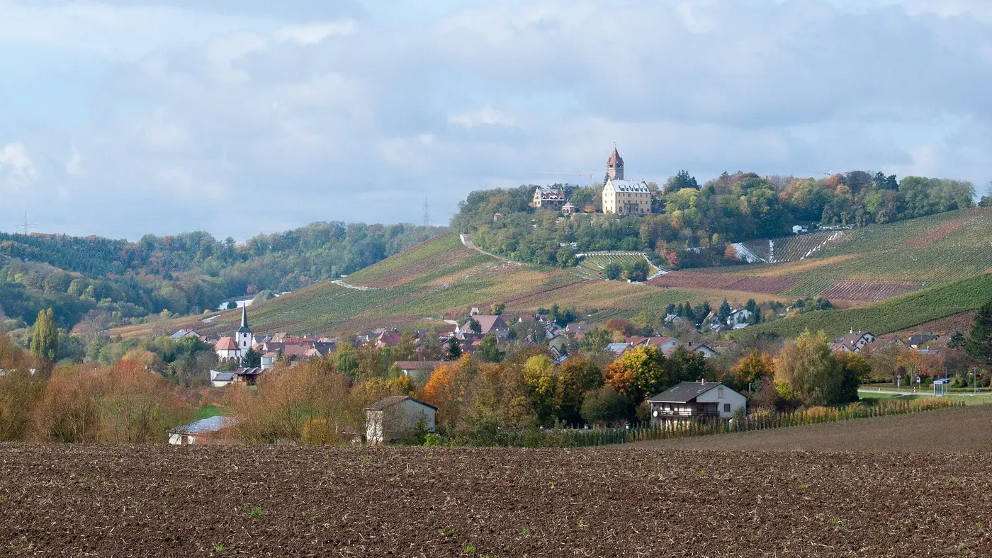 Blick auf den Brackenheimer Teilort Stockheim von Südosten. Deutlich erkennbar ist die prominente Lage von …
