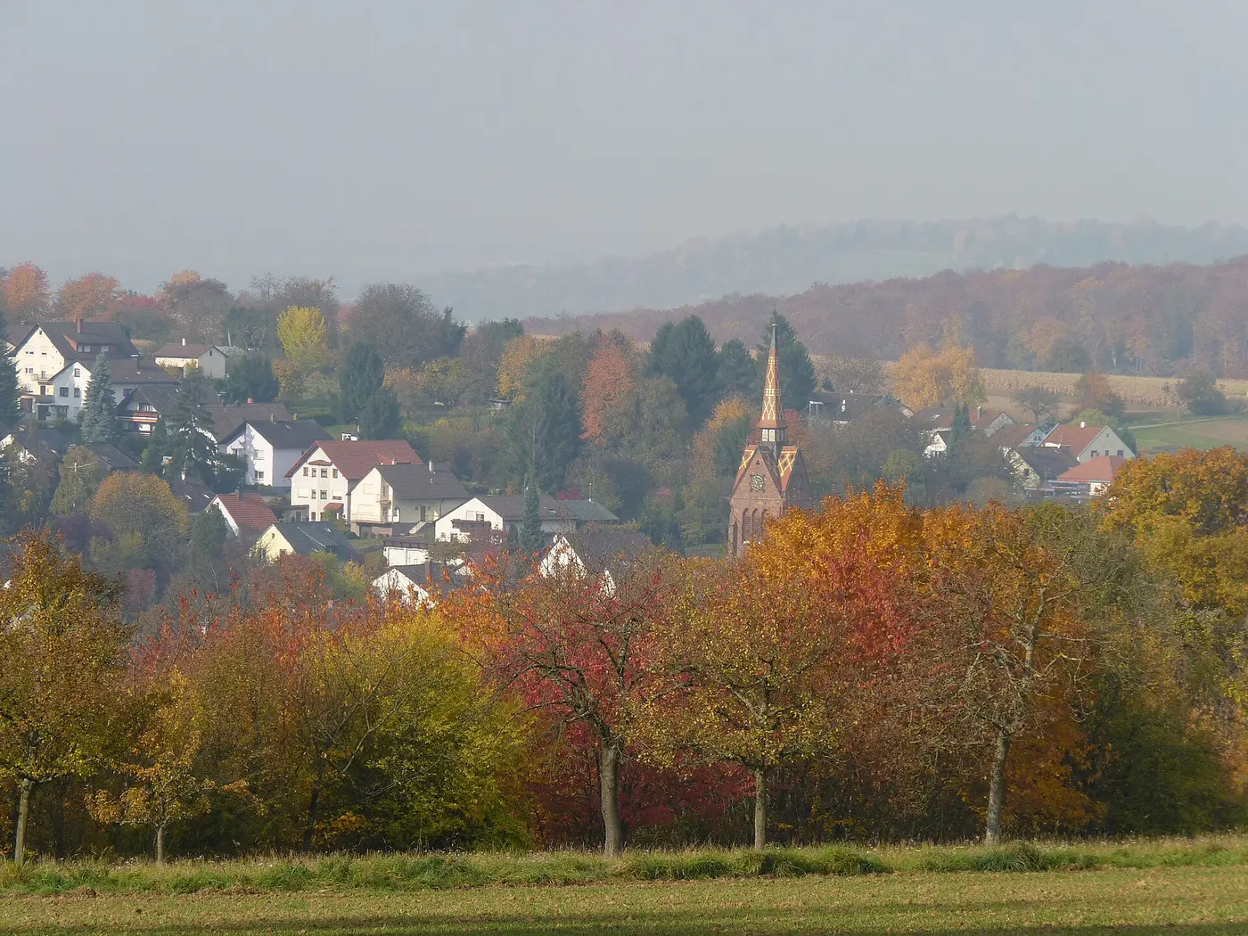 Blick über Wöschbach, Gemeinde Pfinztal, Baden-Württemberg, Deutschland